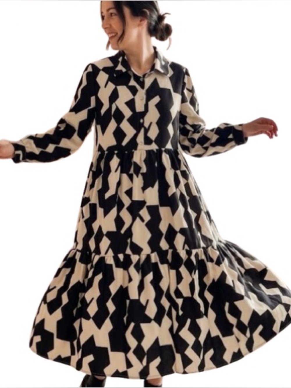 Abstract Geometric Tiered Midi Shirt Dress in Cream and Brown - Size M